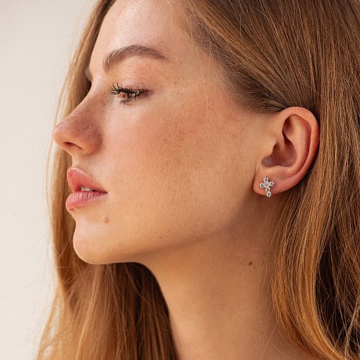 Серьги - пусеты "Крестики" в белом золоте (фианиты) с09035 2