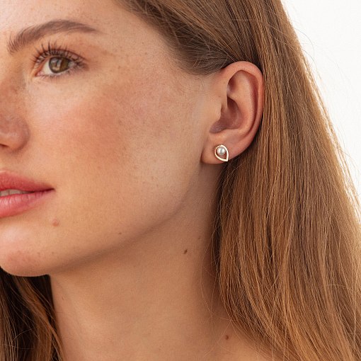 Серьги - пусеты "Капельки" с жемчугом (красное золото) с09054 2