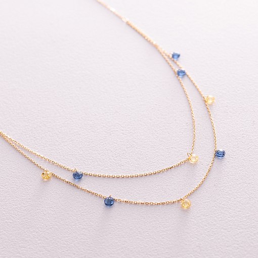 Двойное золотое колье "Украинка" (синие и желтые фианиты) кол02324