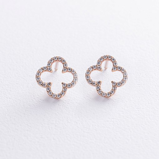 Серьги - пусеты "Клевер" с фианитами (желтое золото) с08436 2