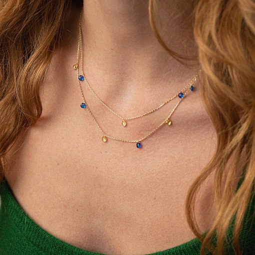 Двойное золотое колье "Украинка" (синие и желтые фианиты) кол02324 2