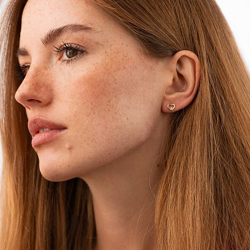 Серьги - пусеты "Сердечки" в желтом золоте (фианиты) с08614 2