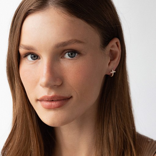 Серьги - кольца "Крестики" с фианитами (желтое золото) с09192 4