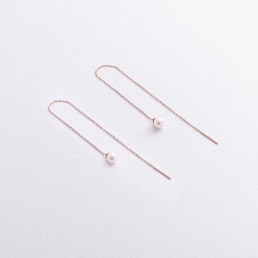 Серьги - протяжки с жемчугом (красное золото) с09072 2