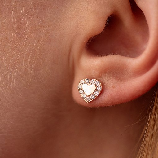 Серьги - пусеты "Сердечки" с фианитами (красное золото) с03203 4