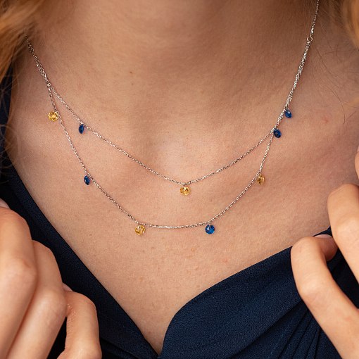 Двойное золотое колье "Украинка" (синие и желтые фианиты) кол02338 7