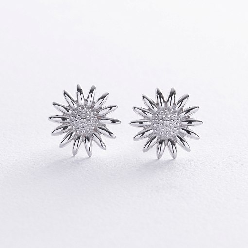 Серьги - пусеты "Подсолнухи" в белом золоте с08672