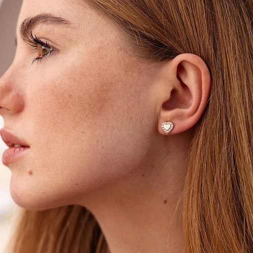 Серьги - пусеты "Сердечки" с фианитами (красное золото) с03203 2