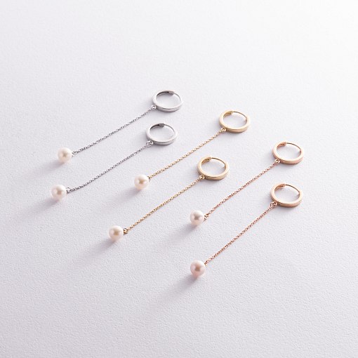 Серьги - кольца "Жемчужина на цепочке" в белом золоте с08357 3