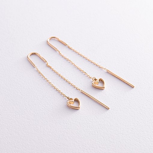 Серьги - протяжки "Сердечки" в желтом золоте с07944