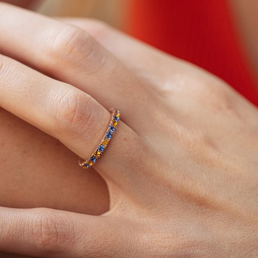 Каблучка з доріжкою блакитного та жовтого каменів (червоне золото) 815к 2