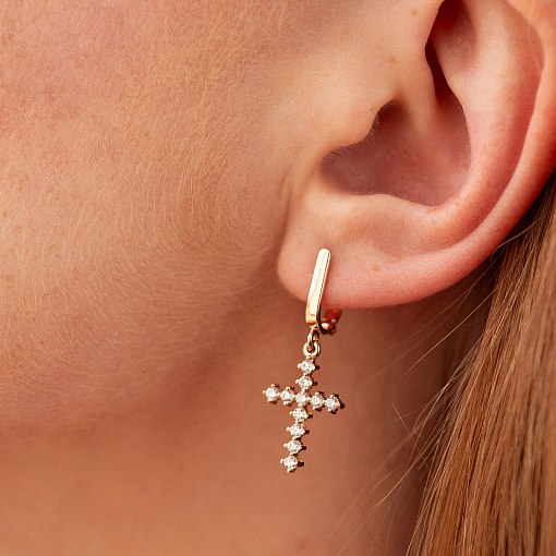 Золотые сережки "Крестики" с фианитами с02439 4