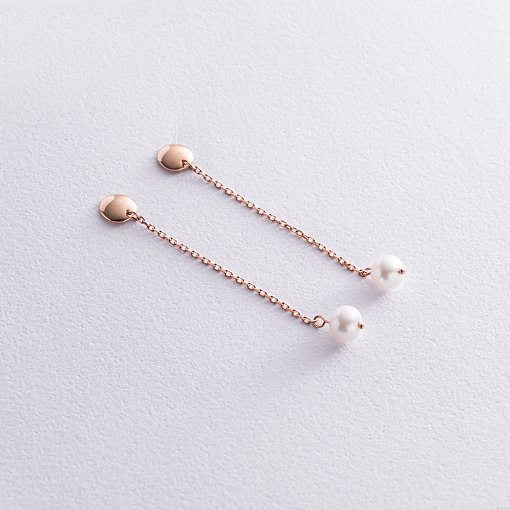 Серьги - пусеты "Жемчужина на цепочке" в красном золоте с08292 5