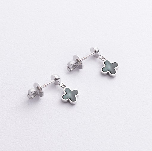 Золотые серьги - пусеты "Клевер" (малахит) с09271 2