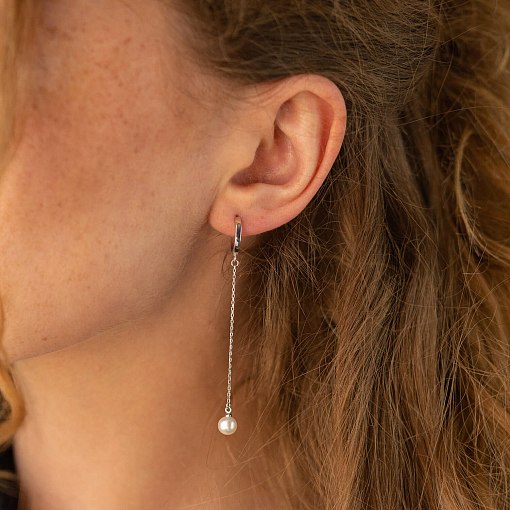 Серьги - кольца "Жемчужина на цепочке" в белом золоте с08357 6