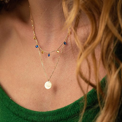 Двойное золотое колье "Украинка" с монеткой (синие и желтые фианиты) кол02325 4