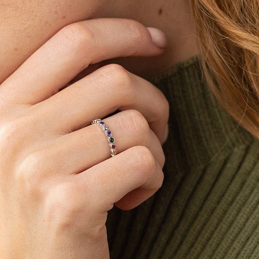 Каблучка з різнокольоровими фіанітами (біле золото) к07130 8