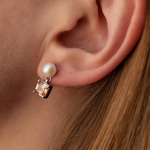 Золотые серьги - пусеты "Альма" (оранжевые фианиты, жемчуг) с08249 2