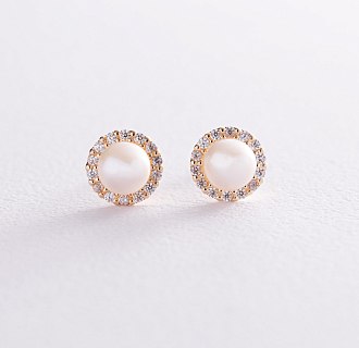 Золоті сережки - пусети з перлами і фіанітами с08168