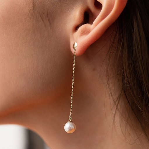 Серьги - пусеты "Жемчужина на цепочке" в желтом золоте с08294 5