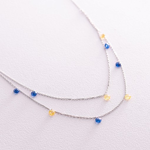 Двойное золотое колье "Украинка" (синие и желтые фианиты) кол02338