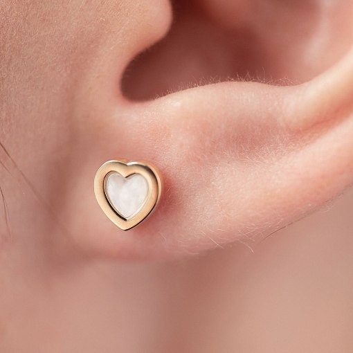 Золотые серьги - пусеты "Сердечки" с перламутром с08392 5