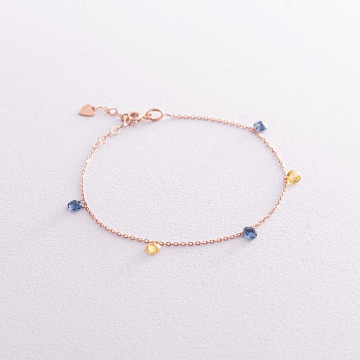 Золотой браслет "Украинка" (синие и желтые фианиты) б05144