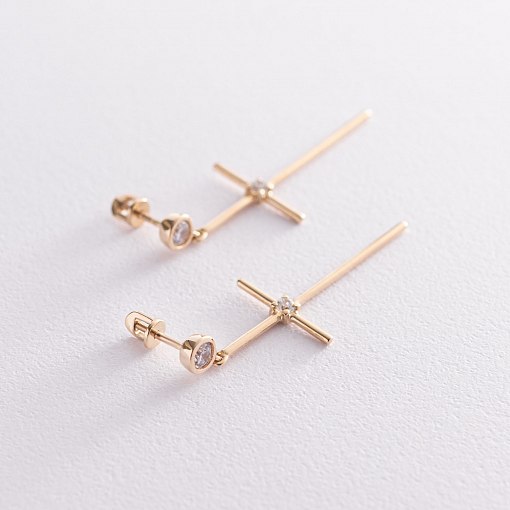 Серьги - пусеты "Кресты" в желтом золоте (фианиты) с07369 3