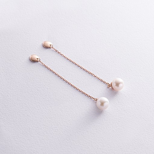 Серьги - пусеты "Жемчужина на цепочке" в красном золоте с08315 6