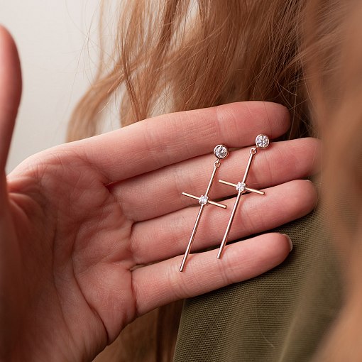 Серьги - пусеты "Кресты" в красном золоте (фианиты) с07362 4