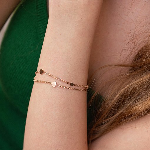 Двойной браслет "Сердечки" в красном золоте б05197 2