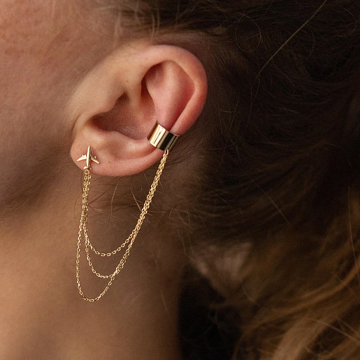 Серьга - каффа "Самолет" в желтом золоте с цепочками с08385 3