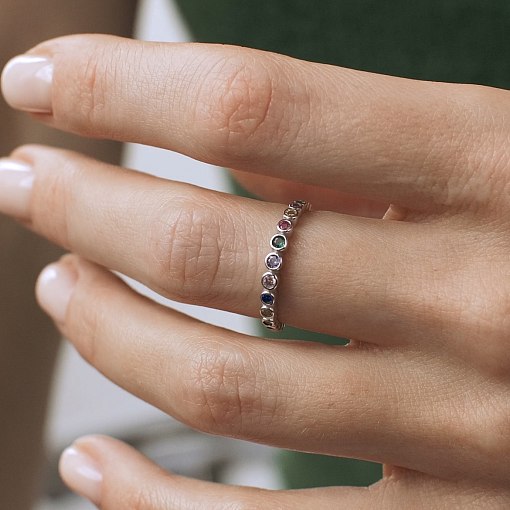 Каблучка з різнокольоровими фіанітами (біле золото) к07130 14