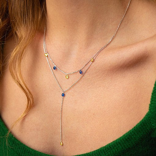 Двойное золотое колье - галстук "Украинка" (синие и желтые фианиты) кол02332 7