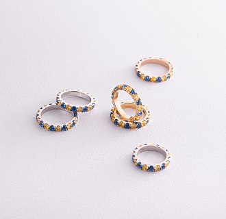 Кольцо с дорожкой голубых и желтых камней (красное золото) к07107 №5