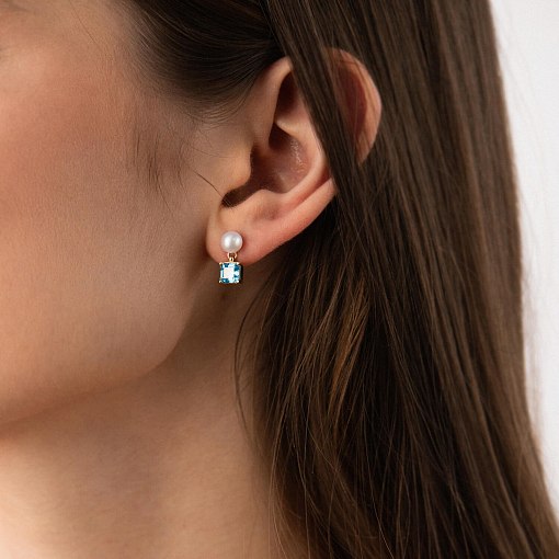 Золотые серьги - пусеты "Альма" (голубые фианиты, жемчуг) с08253 6