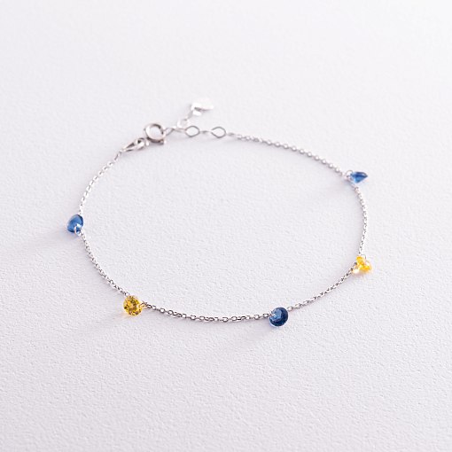 Браслет "Украинка" в белом золоте (синие и желтые фианиты) б05119