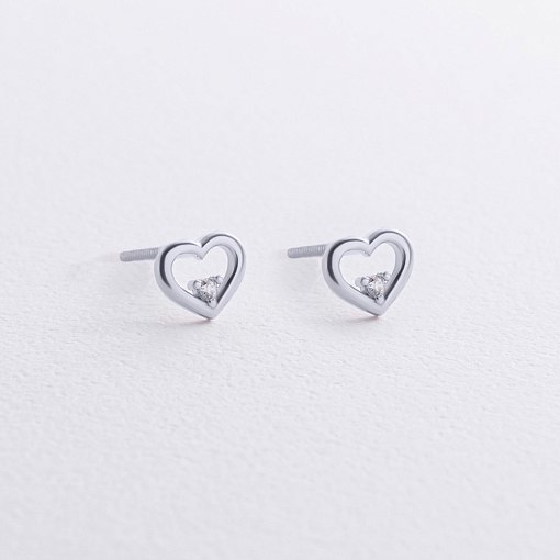 Серьги - пусеты "Сердечки" в белом золоте (фианиты) с08474