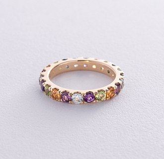 Золотое кольцо с дорожкой разноцветных камней к07617 №6