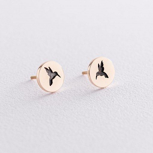 Серьги-пусеты "Колибри" в желтом золоте с06715