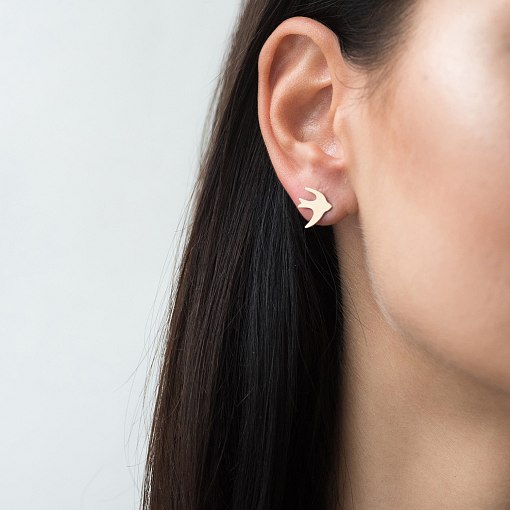 Серьги-пусеты "Птички" в желтом золоте с06454