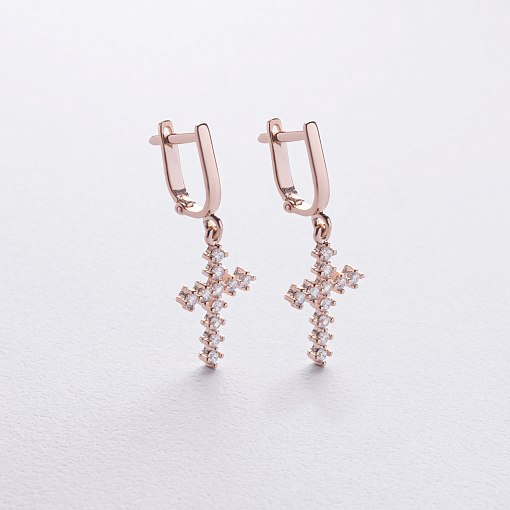 Золотые сережки "Крестики" с фианитами с02439