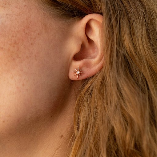 Золотые серьги - пусеты "Звезды метеориты" с фианитами с07906 11