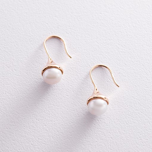 Золотые серьги - петельки с жемчугом с07865