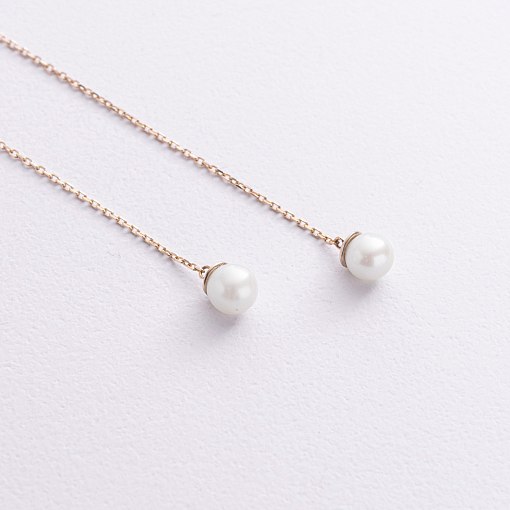 Серьги - протяжки с жемчугом (желтое золото) с09071 4