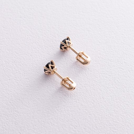 Серьги - пусеты с черными фианитами (желтое золото) с08299 4