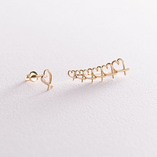 Серьги - клаймберы "Сердечки" в желтом золоте с07155