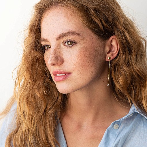 Серьги - пусеты "Фианит на цепочке" в желтом золоте с08021 6