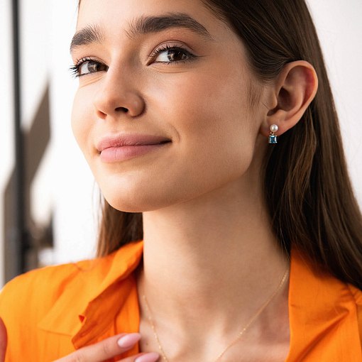 Золотые серьги - пусеты "Альма" (голубые фианиты, жемчуг) с08253 4