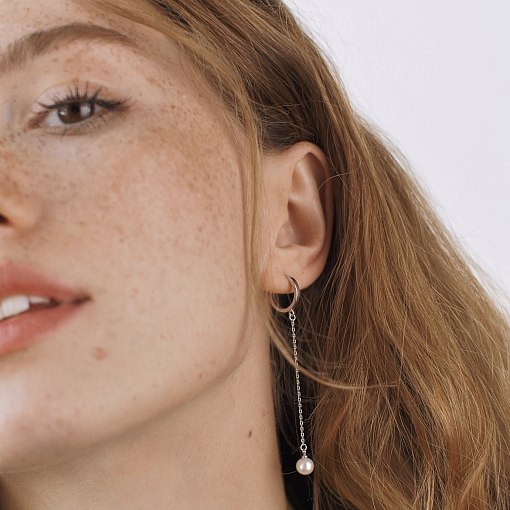 Серьги - кольца "Жемчужина на цепочке" в белом золоте с08357 7